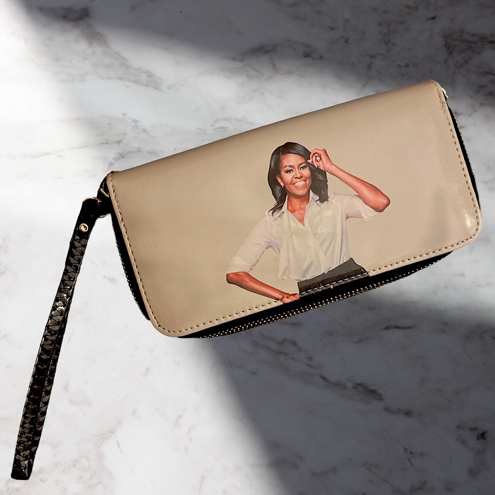Michelle Obama Wristlet Wallet - Double Side, Card Slots & Passport Space, Cream